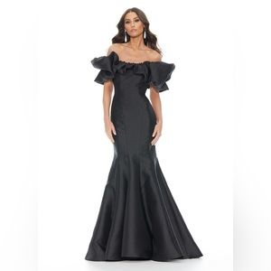 ASHLEYlauren black ruffle off shoulder formal prom dress